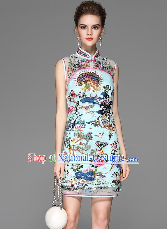 Asian Chinese Oriental Costumes Classical Palace Embroidery Blue Cheongsam, Traditional China National Chirpaur Tang Suit Stand Collar Qipao Dress for Women