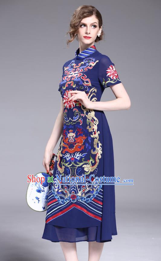 Asian Chinese Oriental Costumes Classical Embroidery Dragon Chiffon Navy Cheongsam, Traditional China National Tang Suit Stand Collar Qipao Dress for Women