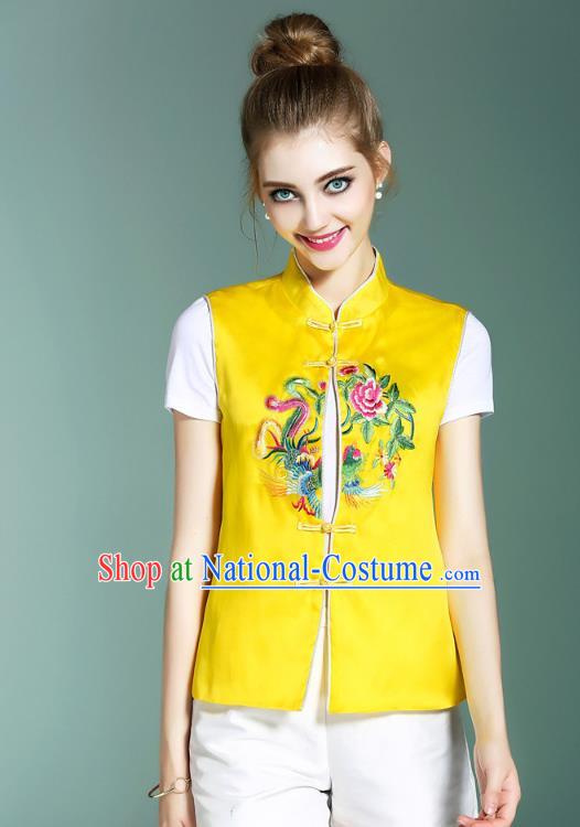 Asian Chinese Oriental Costumes Classical Palace Embroidery Yellow Vest, Traditional China National Chirpaur Tang Suit Plated Buttons Waistcoat for Women