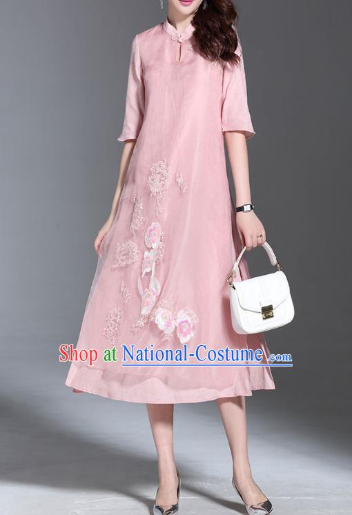 Asian Chinese Oriental Costumes Classical Palace Embroidery Pink Cheongsam, Traditional China National Chirpaur Tang Suit Plated Buttons Qipao for Women