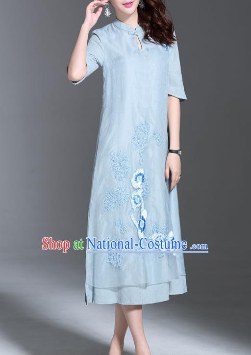 Asian Chinese Oriental Costumes Classical Palace Embroidery Blue Cheongsam, Traditional China National Chirpaur Tang Suit Plated Buttons Qipao for Women