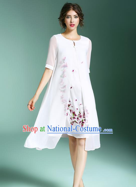 Asian Chinese Oriental Costumes Classical Palace Embroidery White Silk Cheongsam, Traditional China National Chirpaur Tang Suit Plated Buttons Qipao for Women