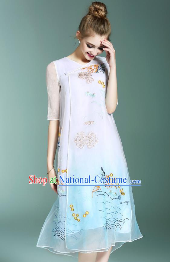 Asian Chinese Oriental Costumes Classical Palace Embroidery Blue Cheongsam, Traditional China National Chirpaur Tang Suit Plated Buttons Qipao for Women