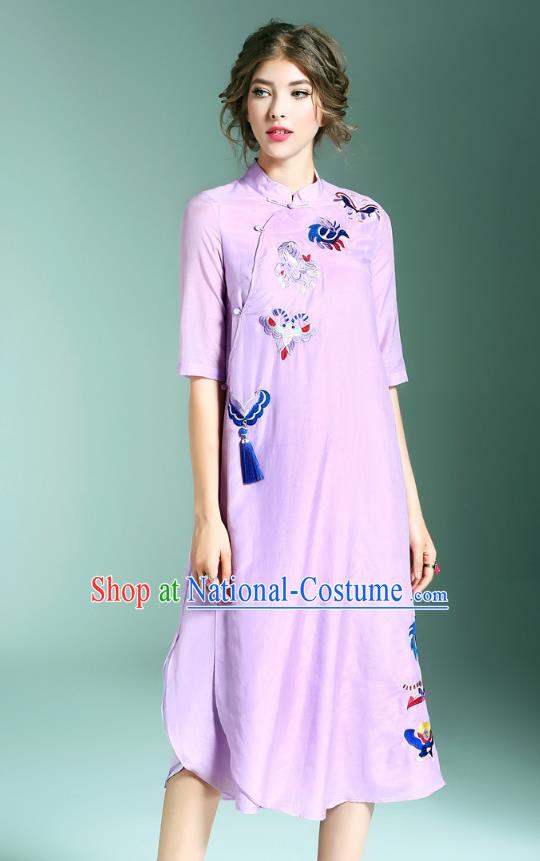 Asian Chinese Oriental Costumes Classical Palace Embroidery Purple Cheongsam, Traditional China National Chirpaur Tang Suit Plated Buttons Qipao for Women