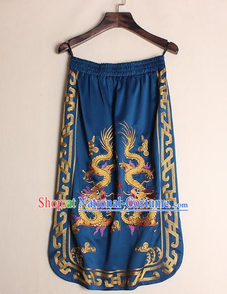 Asian Chinese Oriental Costumes Classical Embroidery Dragons Blue Skirts, Traditional China National Chirpaur Tang Suit Bust Skirt for Women