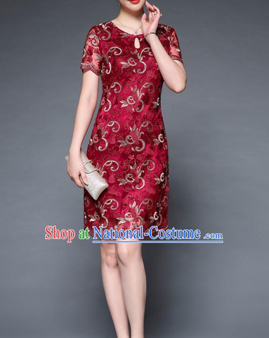 Asian Chinese Oriental Costumes Classical Embroidery Red Lace Dress, Traditional China National Chirpaur Tang Suit Dresses for Women