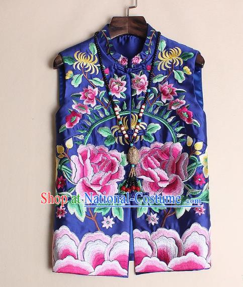 Asian Chinese Oriental Costumes Classical Palace Embroidery Peony Navy Vest, Traditional China National Chirpaur Tang Suit Plated Buttons Waistcoat for Women