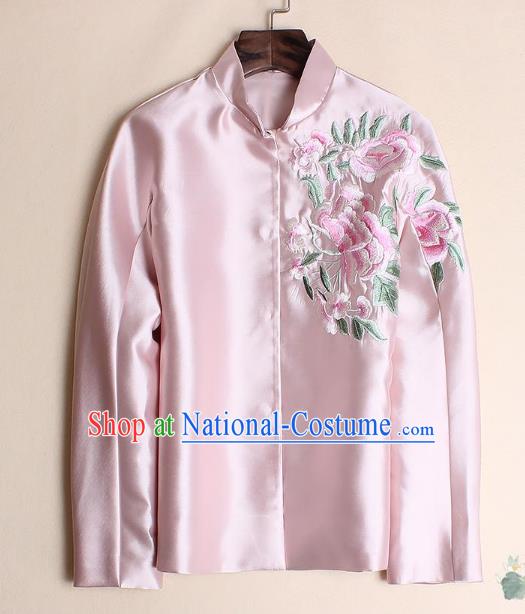 Asian Chinese Oriental Costumes Classical Embroidery Peony Pink Shirts, Traditional China National Chirpaur Tang Suit Upper Outer Garment Jacket for Women