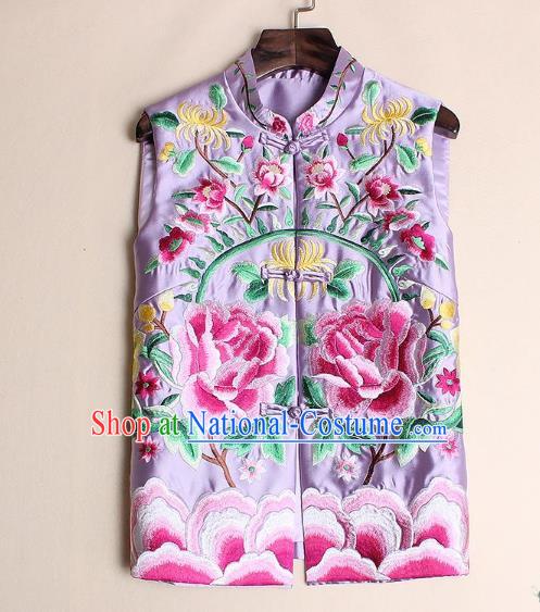 Asian Chinese Oriental Costumes Classical Palace Embroidery Peony Pink Vest, Traditional China National Chirpaur Tang Suit Plated Buttons Waistcoat for Women