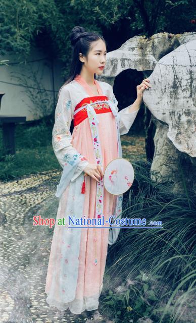 Traditional Asian Oriental China Costume Embroidery Young Lady Fairy Slip Skirts Complete Set, Chinese Hanfu Tang Dynasty Princess Embroidered Dress for Women