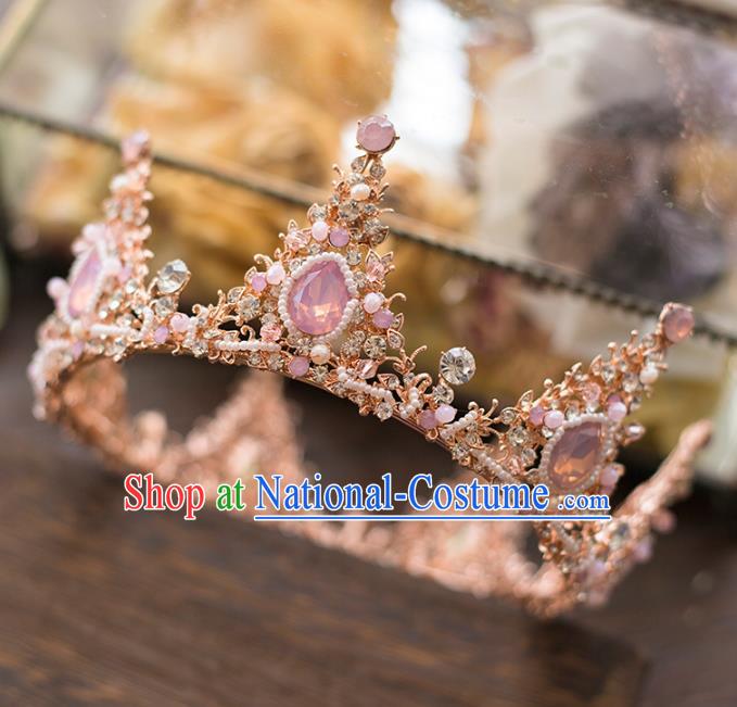 Top Grade Handmade Classical Hair Accessories Baroque Style Princess Pink Crystal Royal Crown Round Hair Clasp Headwear for Women