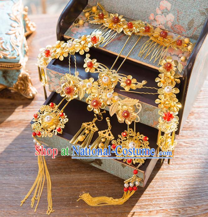 Aisan Chinese Handmade Classical Hair Accessories Phoenix Coronet Complete Set, China Xiuhe Suit Hairpins Red Bead Wedding Headwear for Women