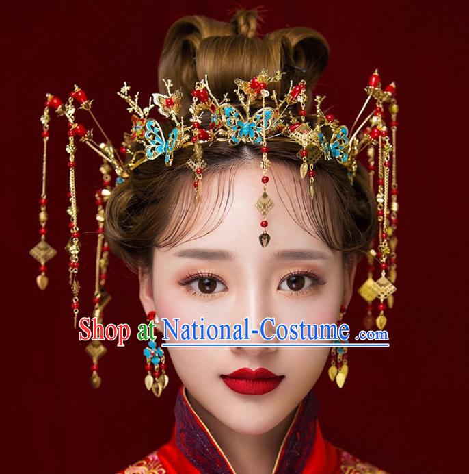 Aisan Chinese Handmade Classical Hair Accessories Phoenix Coronet Complete Set, China Xiuhe Suit Blueing Butterfly Hairpins Wedding Headwear for Women