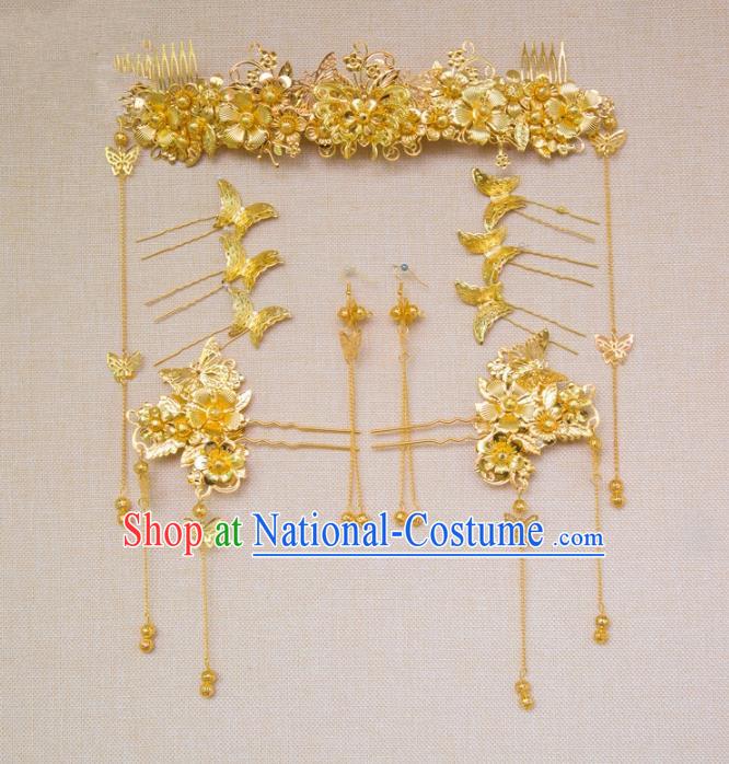 Aisan Chinese Handmade Classical Hair Accessories Tassel Golden Hair Comb Complete Set, China Xiuhe Suit Hairpins Wedding Headwear for Women