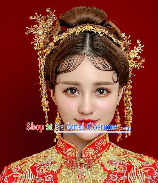 Aisan Chinese Handmade Classical Hair Accessories Golden Phoenix Coronet Complete Set, China Xiuhe Suit Tassel Hairpins Wedding Headwear for Women