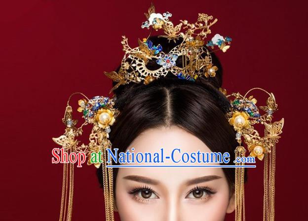 Aisan Chinese Handmade Classical Hair Accessories Blueing Phoenix Coronet Complete Set, China Xiuhe Suit Tassel Hairpins Wedding Headwear for Women