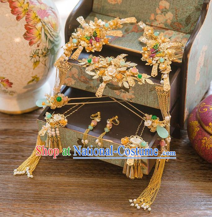 Aisan Chinese Handmade Classical Hair Accessories Jade Hair Comb Complete Set, China Xiuhe Suit Tassel Step Shake Hairpins Wedding Headwear for Women