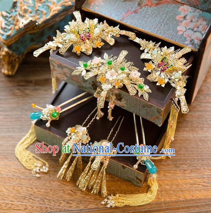 Aisan Chinese Handmade Classical Hair Accessories Blue Jade Hair Comb Complete Set, China Xiuhe Suit Tassel Step Shake Hairpins Wedding Headwear for Women