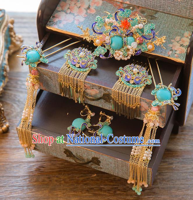 Aisan Chinese Handmade Classical Hair Accessories Cloisonne Hair Comb Complete Set, China Xiuhe Suit Tassel Step Shake Hairpins Wedding Headwear for Women