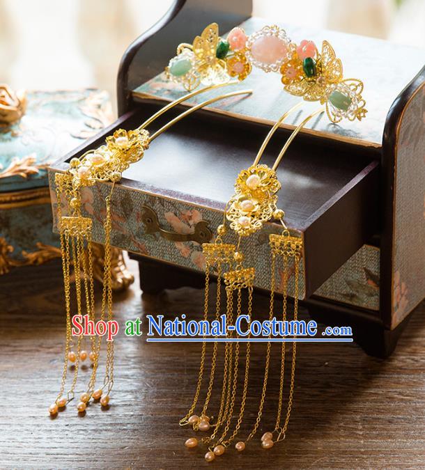 Aisan Chinese Handmade Classical Hair Accessories Jade Hair Comb Complete Set, China Xiuhe Suit Tassel Step Shake Hairpins Wedding Headwear for Women