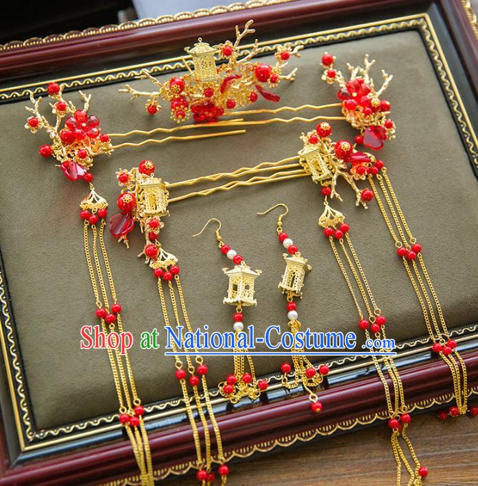 Aisan Chinese Handmade Classical Bride Hair Accessories Phoenix Coronet Complete Set, China Xiuhe Suit Red Beads Tassel Hairpins Wedding Headwear for Women