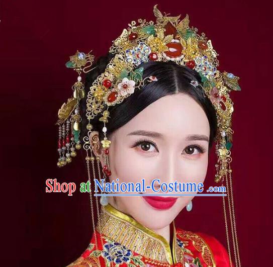 Aisan Chinese Handmade Classical Hair Accessories Tassel Phoenix Coronet Complete Set, China Xiuhe Suit Hairpins Wedding Headwear for Women