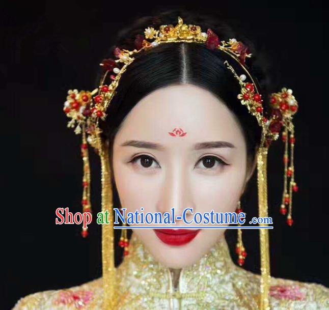 Aisan Chinese Handmade Classical Hair Accessories Red Beads Phoenix Coronet Complete Set, China Xiuhe Suit Hairpins Wedding Headwear for Women