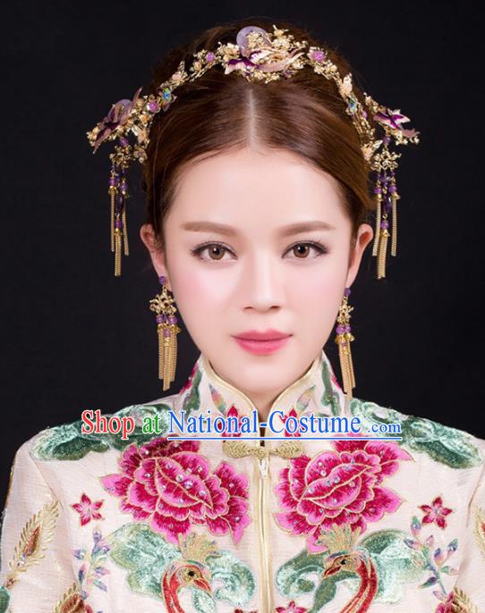 Aisan Chinese Handmade Classical Hair Accessories Purple Jade Phoenix Coronet Complete Set, China Xiuhe Suit Hairpins Wedding Headwear for Women