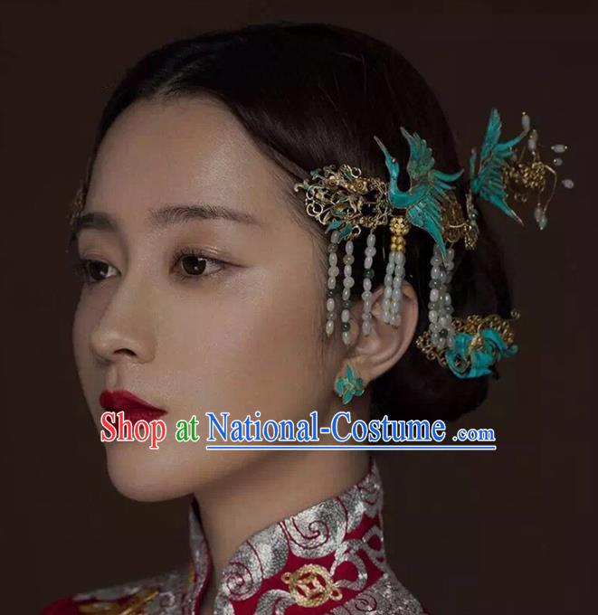 Aisan Chinese Handmade Classical Hair Accessories Hanfu Blueing Phoenix Step Shake, China Xiuhe Suit Tassel Hairpins Wedding Headwear for Women