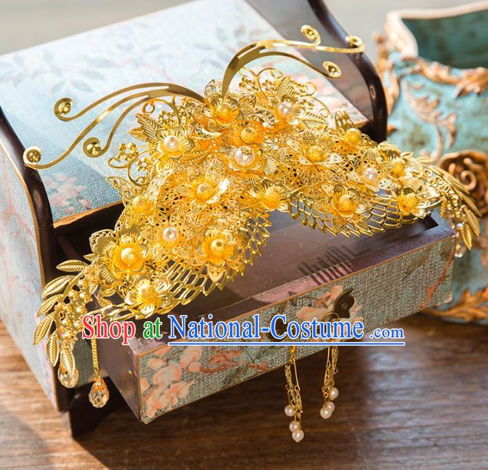 Aisan Chinese Handmade Classical Hair Accessories Golden Phoenix Coronet, China Xiuhe Suit Hairpins Wedding Headwear for Women