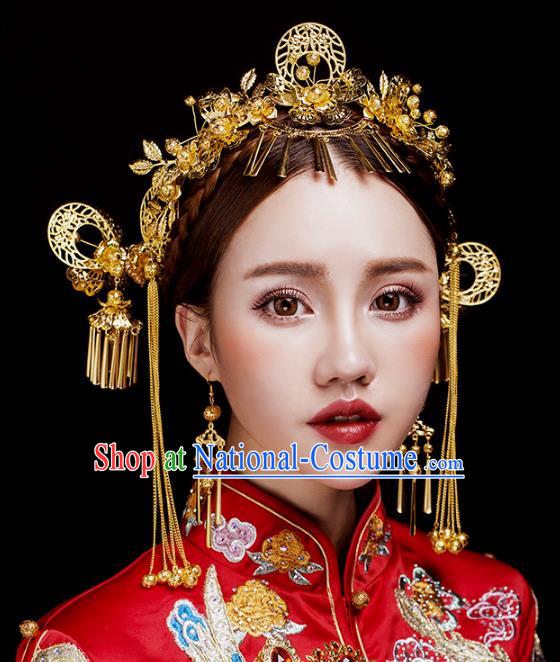 Aisan Chinese Handmade Classical Hair Accessories Golden Phoenix Coronet Complete Set, China Xiuhe Suit Hairpins Wedding Headwear for Women