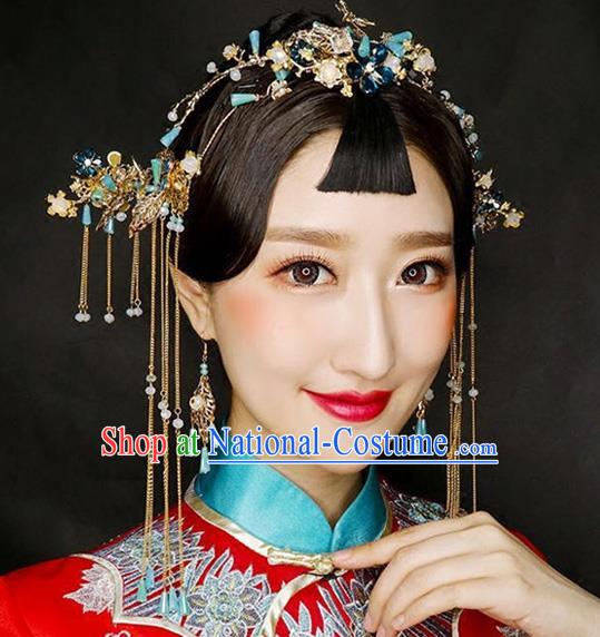 Aisan Chinese Handmade Classical Hair Accessories Blue Beads Phoenix Coronet Complete Set, China Xiuhe Suit Hairpins Wedding Headwear for Women