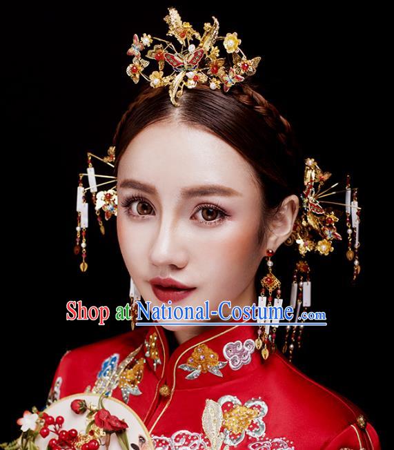 Aisan Chinese Handmade Classical Hair Accessories Red Butterfly Phoenix Coronet Complete Set, China Xiuhe Suit Hairpins Wedding Headwear for Women