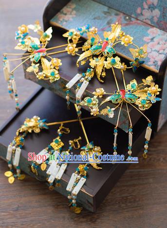 Aisan Chinese Handmade Classical Hair Accessories Green Butterfly Phoenix Coronet Complete Set, China Xiuhe Suit Hairpins Wedding Headwear for Women