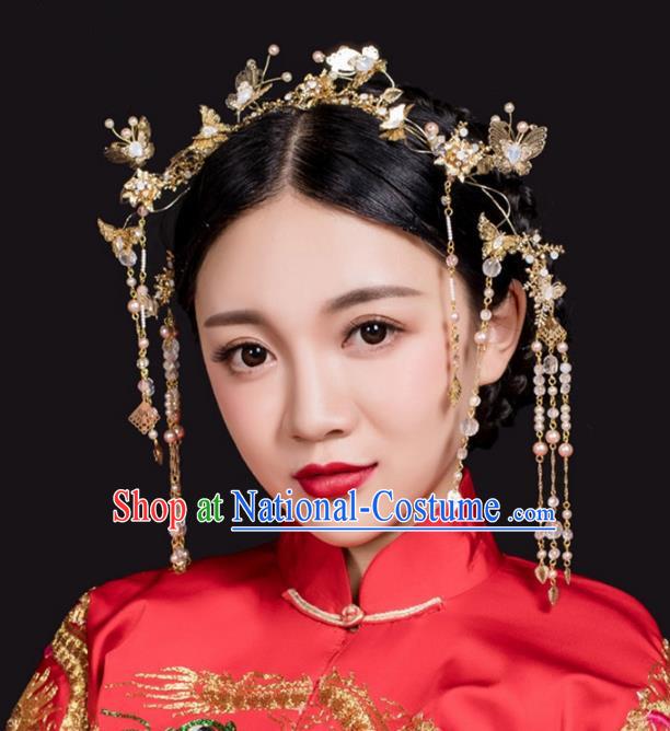 Aisan Chinese Handmade Classical Hair Accessories Golden Butterfly Phoenix Coronet Complete Set, China Xiuhe Suit Hairpins Wedding Headwear for Women