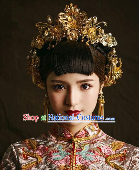 Aisan Chinese Handmade Classical Hair Accessories Golden Phoenix Coronet Complete Set, China Xiuhe Suit Hair Stick Hairpins Wedding Headwear for Women