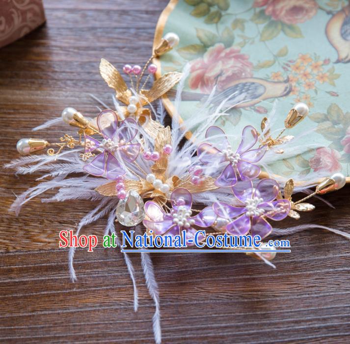 Top Grade Handmade Classical Hair Accessories Baroque Style Princess Purple Flowers Feather Hair Stick Headwear for Women