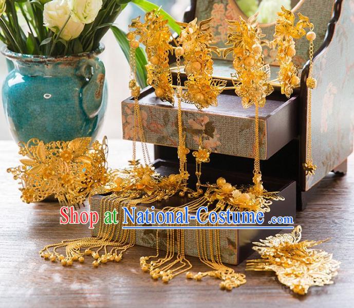 Aisan Chinese Handmade Classical Hair Accessories Golden Butterfly Phoenix Coronet Complete Set, China Xiuhe Suit Hairpins Wedding Headwear for Women