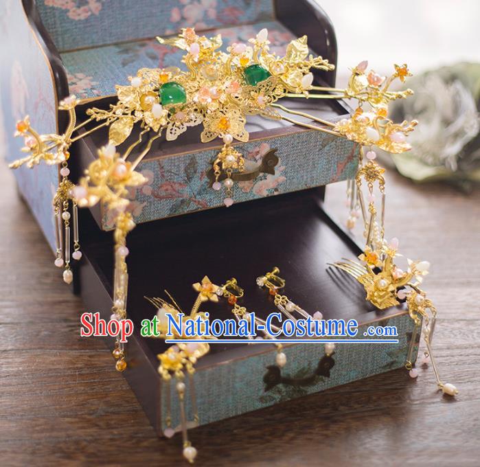 Aisan Chinese Handmade Classical Hair Accessories Jade Phoenix Coronet Complete Set, China Xiuhe Suit Hairpins Wedding Headwear for Women