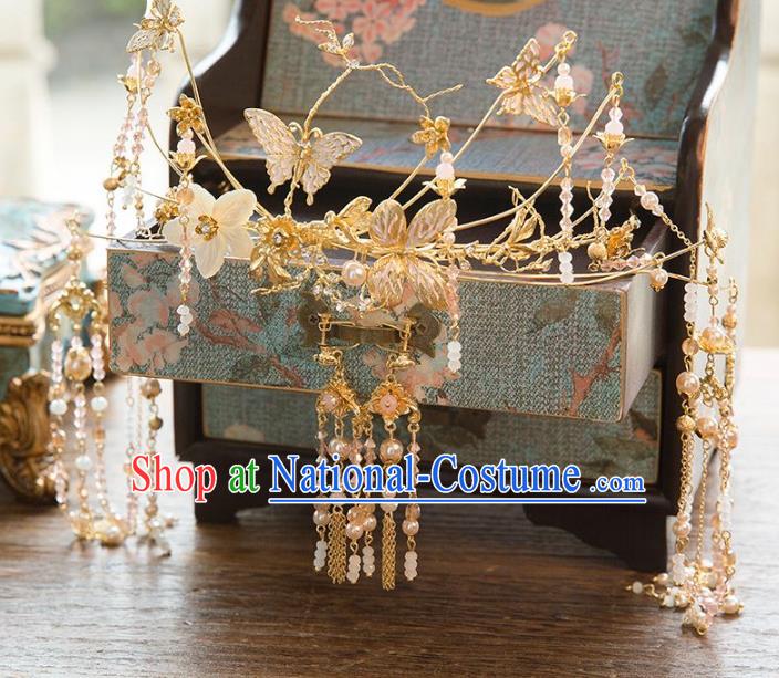 Aisan Chinese Handmade Classical Hair Accessories Tassel Butterfly Phoenix Coronet, China Xiuhe Suit Hairpins Wedding Headwear for Women