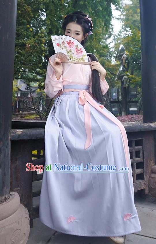 Asian Chinese Oriental Hanfu Costumes Embroidered Pink Blouse and Skirt, Traditional China Han Dynasty Embroidery Clothing for Women