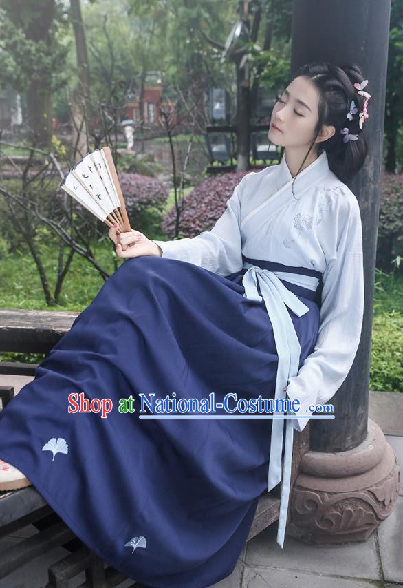 Asian Chinese Oriental Hanfu Costumes Embroidered Blouse and Navy Skirt, Traditional China Han Dynasty Embroidery Clothing for Women