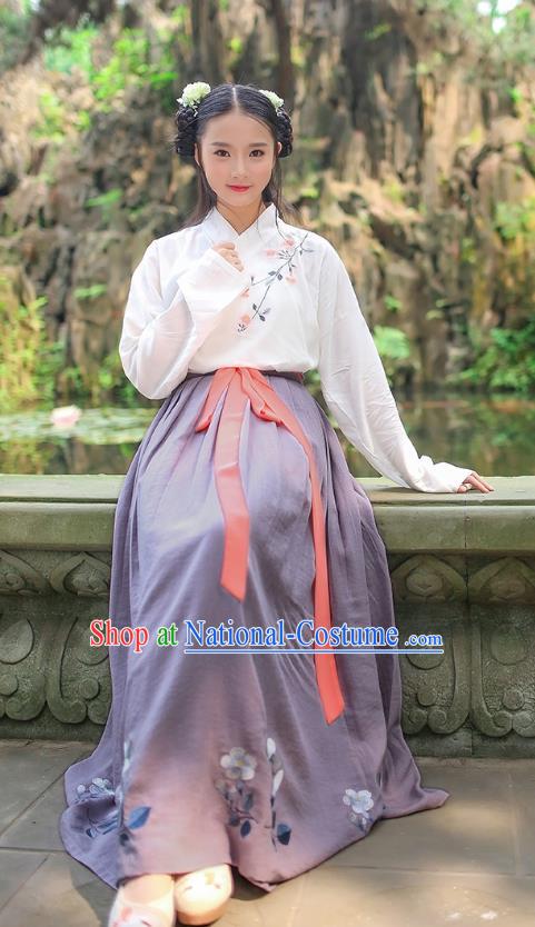 Asian Chinese Oriental Hanfu Costumes Han Dynasty Embroidered Blouse and Grey Slip Skirts, Traditional China Ancient Princess Embroidery Clothing for Women