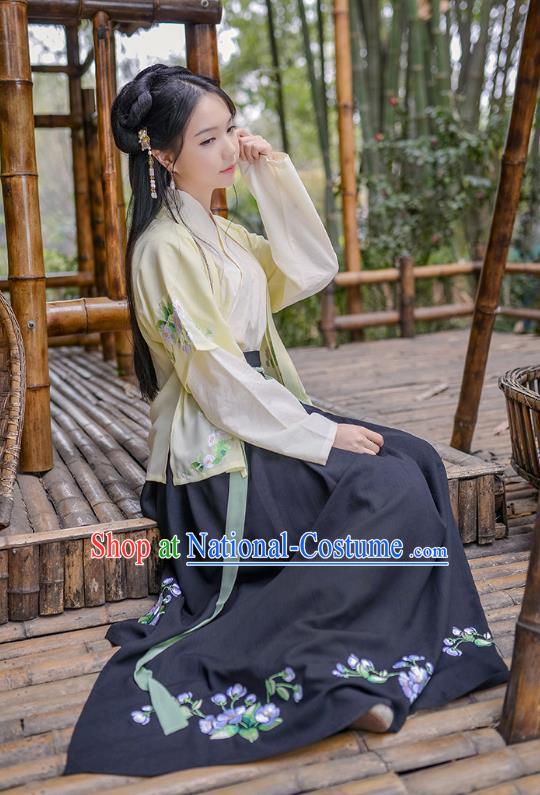 Traditional Asian Chinese Hanfu Costumes Song Dynasty Young Lady Embroidered Half-Sleeves Blouse and Black Slip Skirts Complete Set