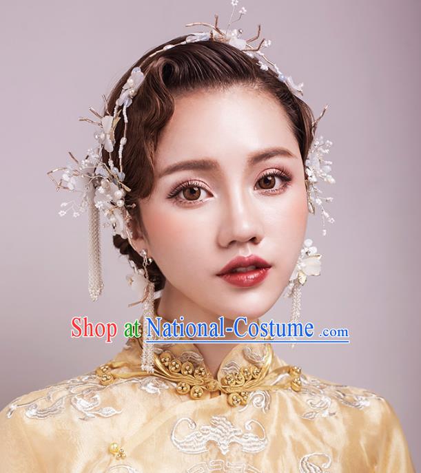 Aisan Chinese Handmade Classical Hair Accessories White Flowers Hair Comb Complete Set, China Xiuhe Suit Hairpins Wedding Headwear for Women