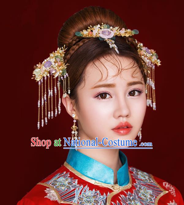 Aisan Chinese Handmade Classical Hair Accessories Purple Tassel Hair Comb Complete Set, China Xiuhe Suit Hairpins Wedding Headwear for Women