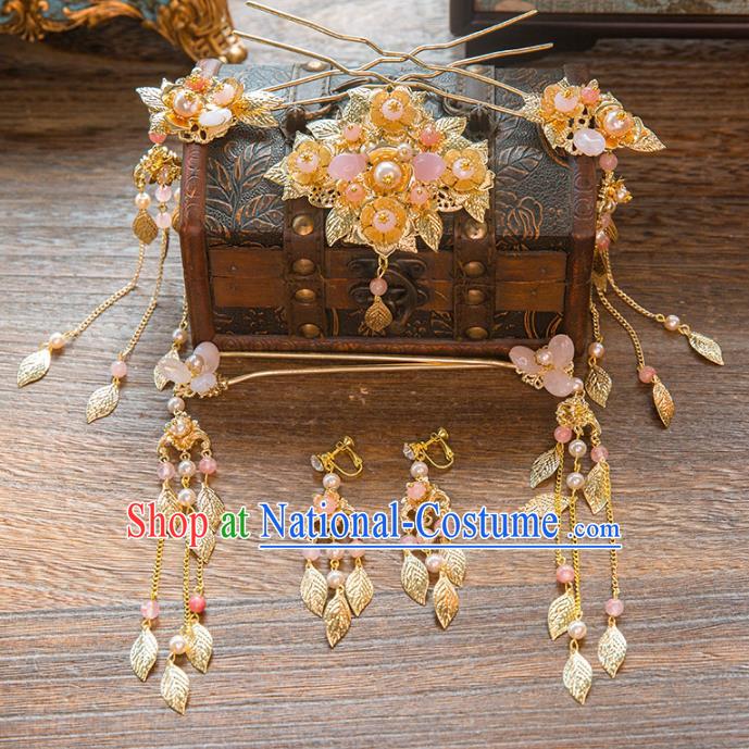 Aisan Chinese Handmade Classical Hair Accessories Pink Beads Tassel Hair Comb Complete Set, China Xiuhe Suit Hairpins Wedding Headwear for Women