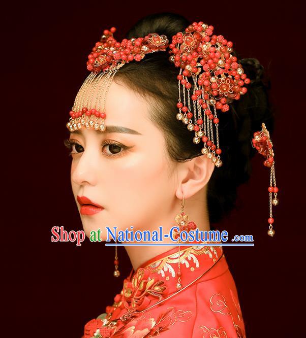 Aisan Chinese Handmade Classical Hair Accessories Red Beads Phoenix Coronet Complete Set, China Xiuhe Suit Hairpins Wedding Headwear for Women