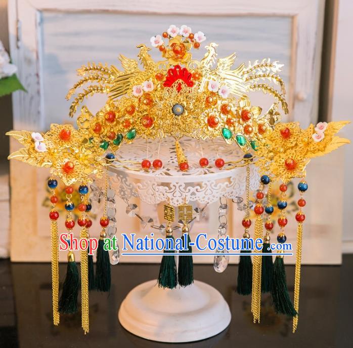 Aisan Chinese Handmade Classical Hair Accessories Hanfu Green Tassel Phoenix Coronet, China Xiuhe Suit Hairpins Wedding Headwear for Women