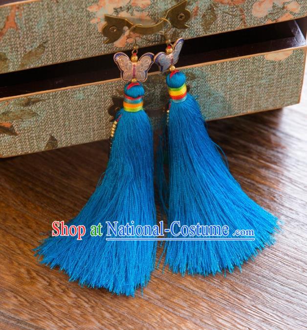 Chinese Handmade Classical Embroidery Butterfly Earrings, China Xiuhe Suit Wedding Light Blue Tassel Eardrop for Women